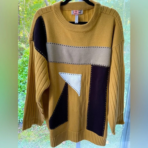 Bare Fox men’s 2XL crew neck patchwork sweater w/geometric designs & stitching. - Picture 1 of 7